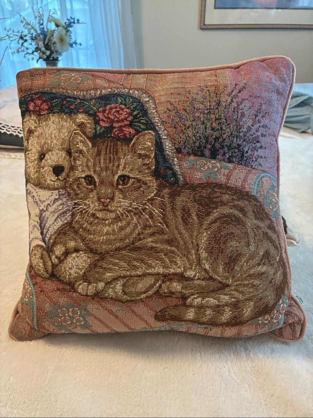Vintage Riverdale Cat & Teddy Bear Woven Tapestry Pillow